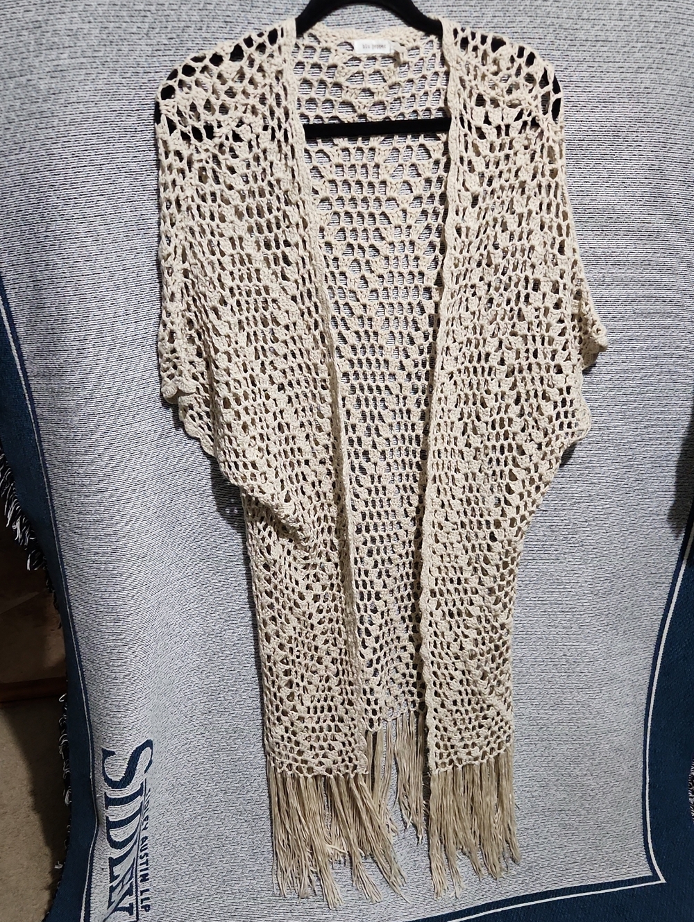 Blu Pepper Open-Knit Fringe Kimono in Beige